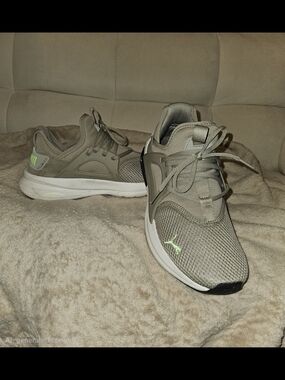 Men's Puma Taupe Athletic Sneakers with Neon Green Logo